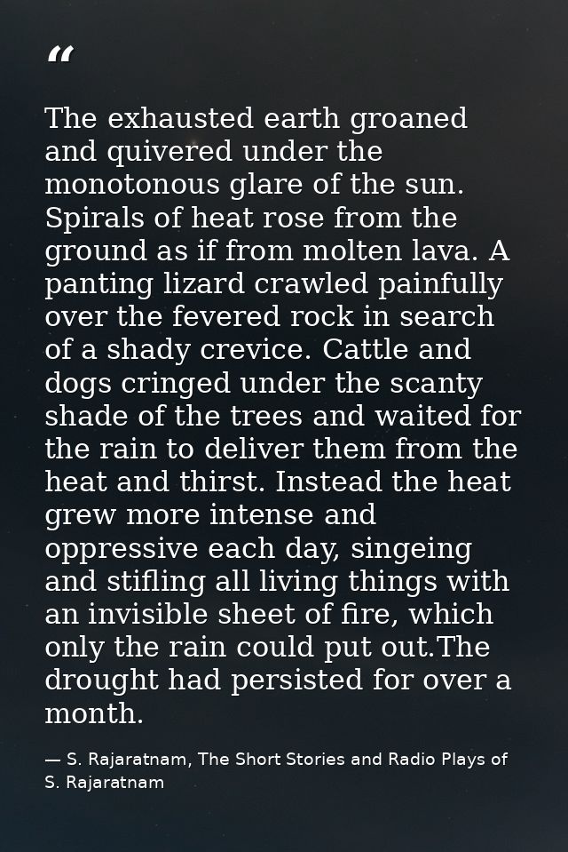 The exhausted earth groaned and quivered under the monotonous glare of the sun. Spirals of heat rose from the ground as  — S. Rajaratnam, The Short Stories and Radio Plays of S. Rajaratnam