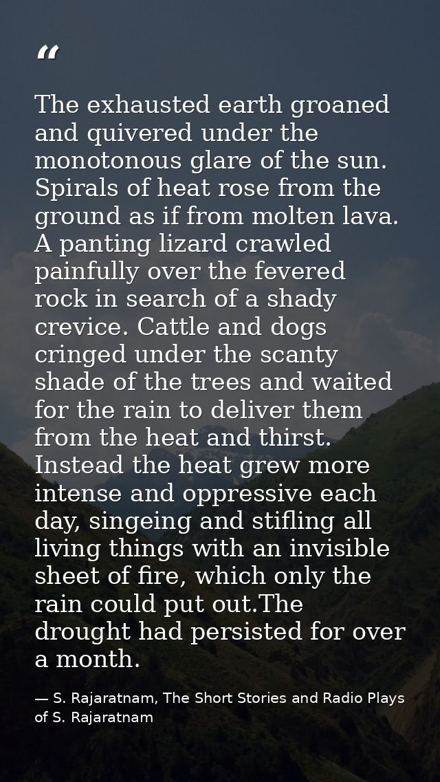 The exhausted earth groaned and quivered under the monotonous glare of the sun. Spirals of heat rose from the ground as  — S. Rajaratnam, The Short Stories and Radio Plays of S. Rajaratnam