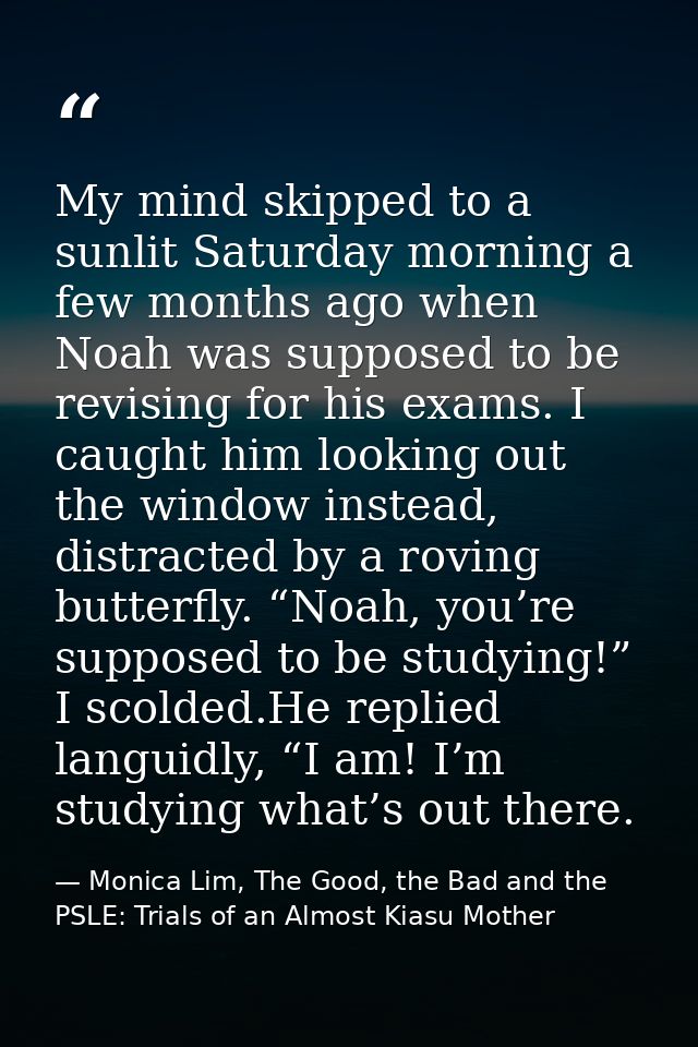 My mind skipped to a sunlit Saturday morning a few months ago when Noah was supposed to be revising for his exams. I cau — Monica Lim, The Good, the Bad and the PSLE: Trials of an Almost Kiasu Mother