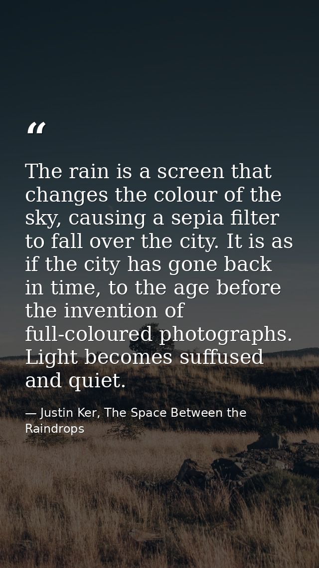 The rain is a screen that changes the colour of the sky, causing a sepia filter to fall over the city. It is as if the c — Justin Ker, The Space Between the Raindrops