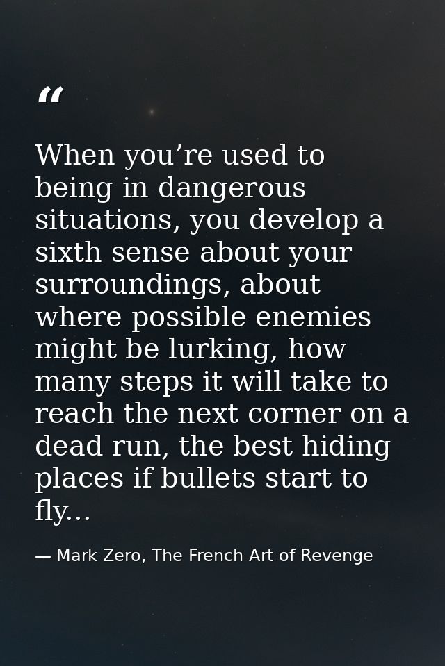 When you’re used to being in dangerous situations, you develop a sixth sense about your surroundings, about where possib — Mark Zero, The French Art of Revenge