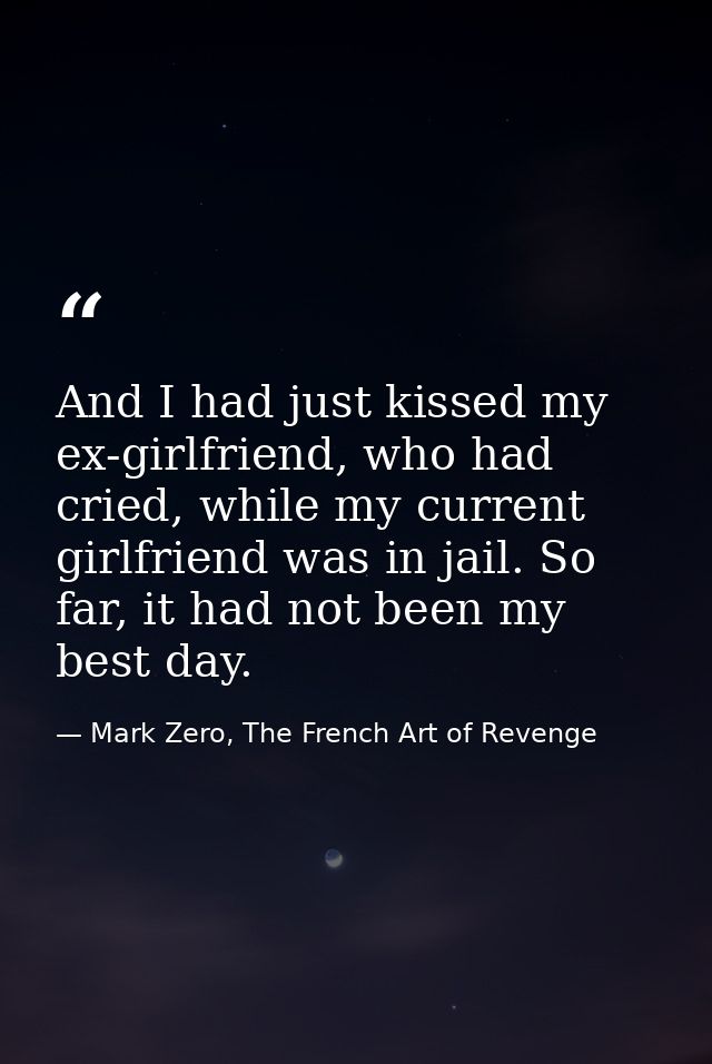 And I had just kissed my ex-girlfriend, who had cried, while my current girlfriend was in jail. So far, it had not been  — Mark Zero, The French Art of Revenge