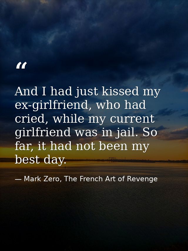 And I had just kissed my ex-girlfriend, who had cried, while my current girlfriend was in jail. So far, it had not been  — Mark Zero, The French Art of Revenge