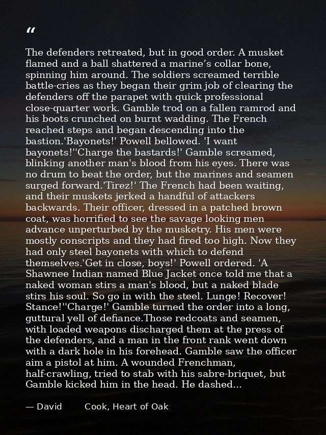 The defenders retreated, but in good order. A musket flamed and a ball shattered a marine’s collar bone, spinning him ar — David        Cook, Heart of Oak