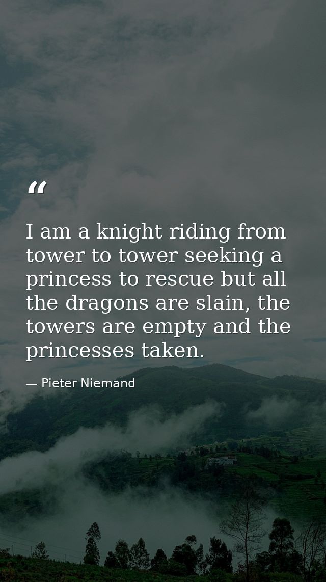I am a knight riding from tower to tower seeking a princess to rescue but all the dragons are slain, the towers are empt — Pieter Niemand
