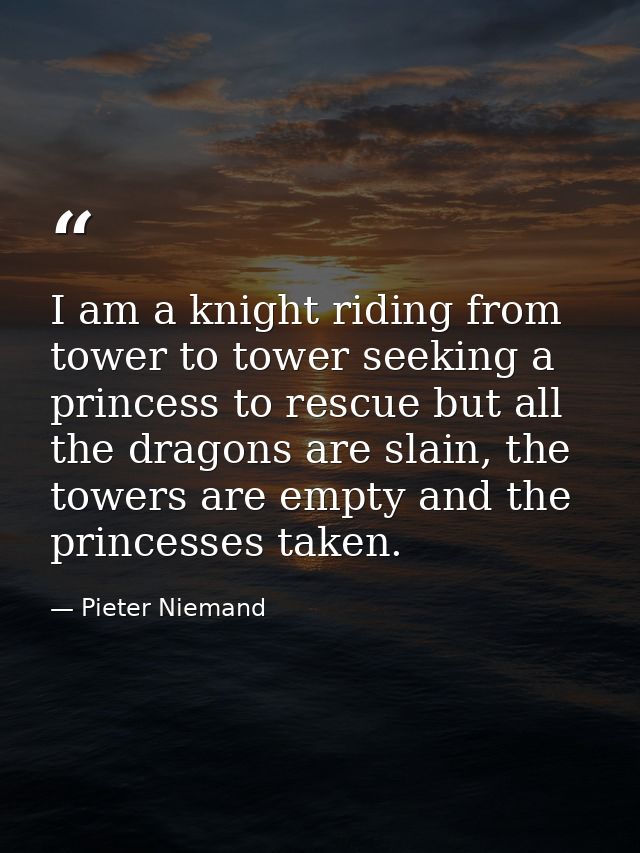 I am a knight riding from tower to tower seeking a princess to rescue but all the dragons are slain, the towers are empt — Pieter Niemand