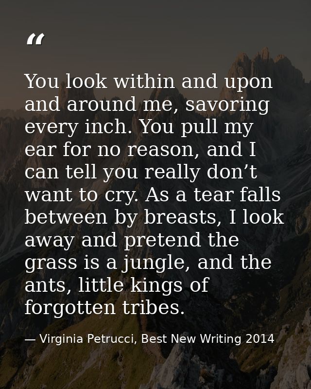 You look within and upon and around me, savoring every inch. You pull my ear for no reason, and I can tell you really do — Virginia Petrucci, Best New Writing 2014