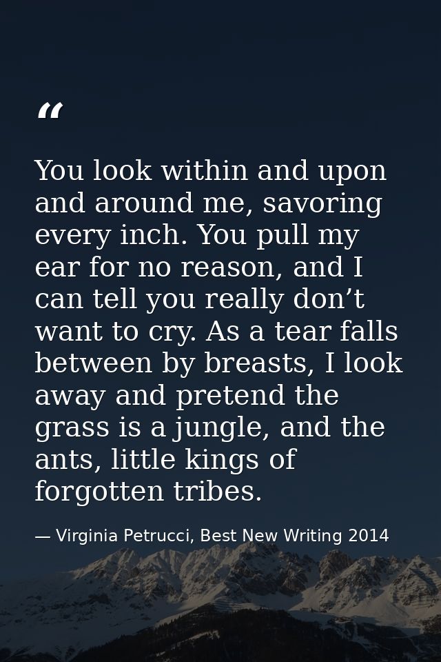 You look within and upon and around me, savoring every inch. You pull my ear for no reason, and I can tell you really do — Virginia Petrucci, Best New Writing 2014