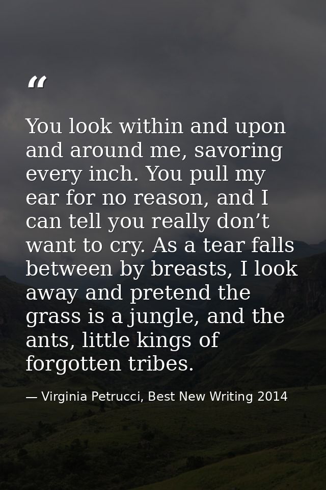 You look within and upon and around me, savoring every inch. You pull my ear for no reason, and I can tell you really do — Virginia Petrucci, Best New Writing 2014