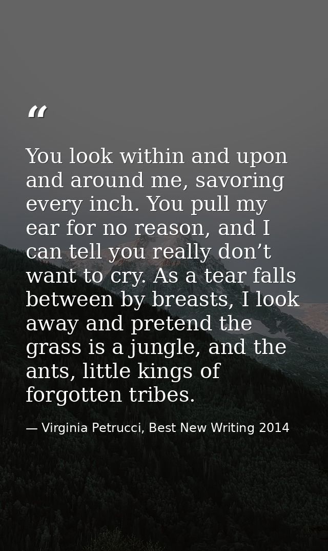 You look within and upon and around me, savoring every inch. You pull my ear for no reason, and I can tell you really do — Virginia Petrucci, Best New Writing 2014