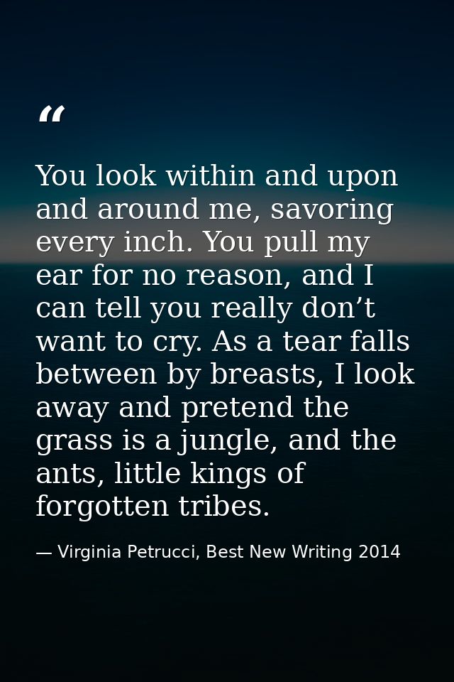You look within and upon and around me, savoring every inch. You pull my ear for no reason, and I can tell you really do — Virginia Petrucci, Best New Writing 2014