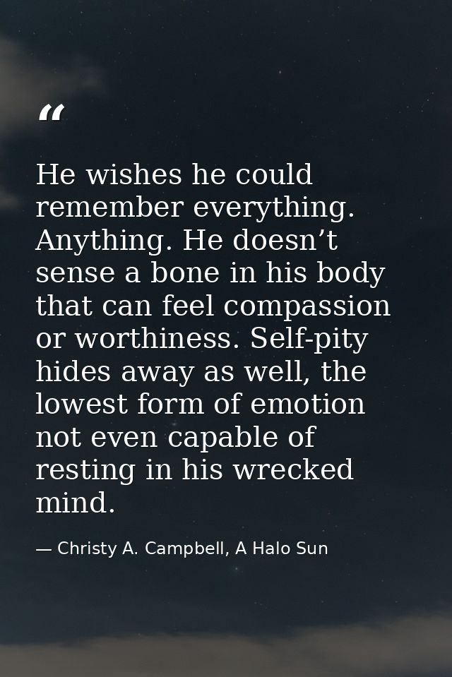 He wishes he could remember everything. Anything. He doesn’t sense a bone in his body that can feel compassion or worthi — Christy A. Campbell, A Halo Sun