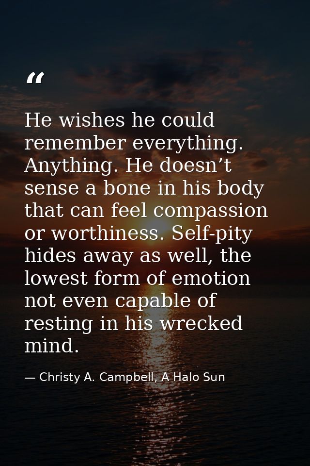 He wishes he could remember everything. Anything. He doesn’t sense a bone in his body that can feel compassion or worthi — Christy A. Campbell, A Halo Sun