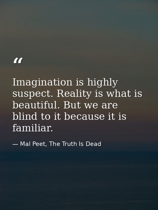 Imagination is highly suspect. Reality is what is beautiful. But we are blind to it because it is familiar. — Mal Peet, The Truth Is Dead