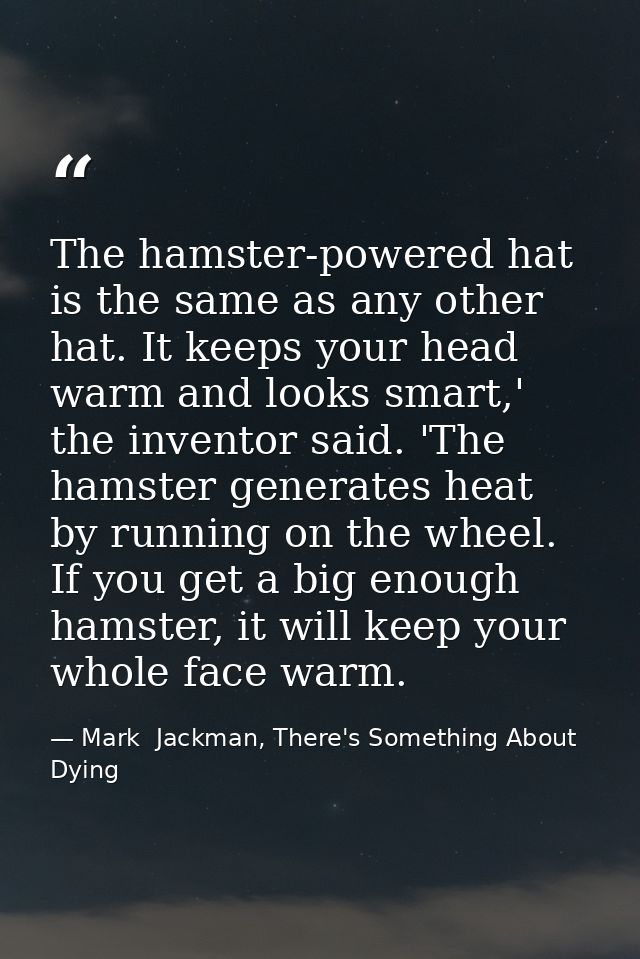 The hamster-powered hat is the same as any other hat. It keeps your head warm and looks smart,' the inventor said. 'The  — Mark  Jackman, There's Something About Dying