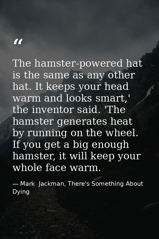 The hamster-powered hat is the same as any other hat. It keeps your head warm and looks smart,' the inventor said. 'The  — Mark  Jackman, There's Something About Dying