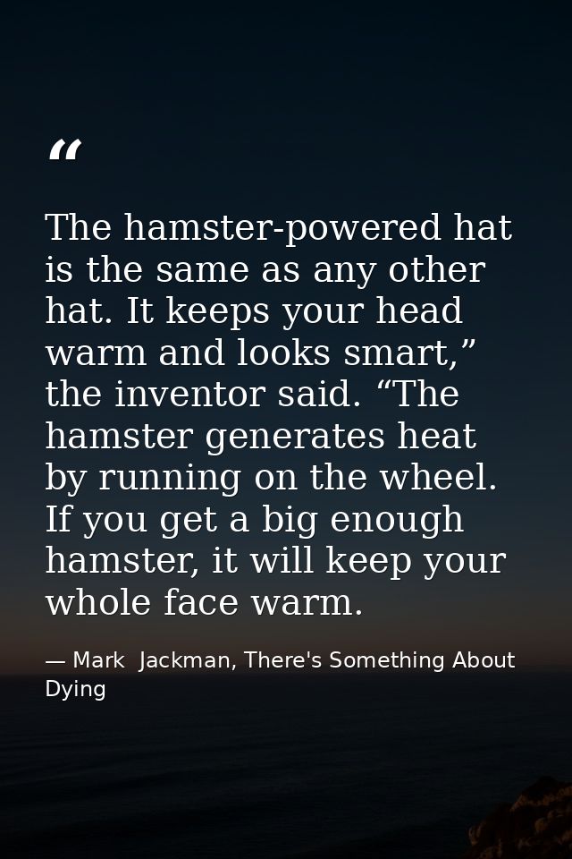 The hamster-powered hat is the same as any other hat. It keeps your head warm and looks smart,” the inventor said. “The  — Mark  Jackman, There's Something About Dying