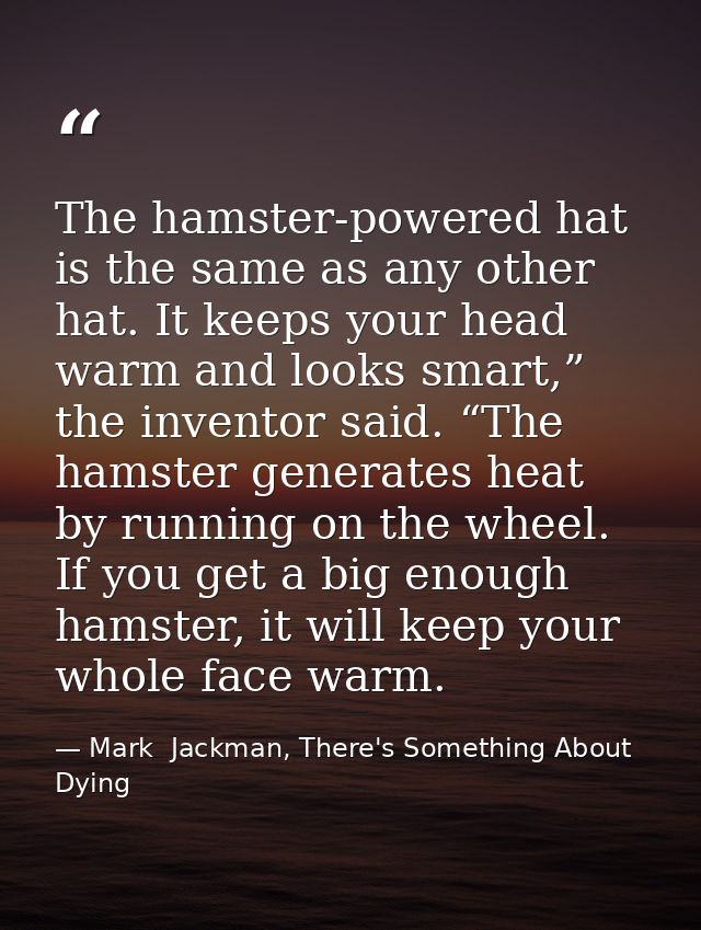 The hamster-powered hat is the same as any other hat. It keeps your head warm and looks smart,” the inventor said. “The  — Mark  Jackman, There's Something About Dying