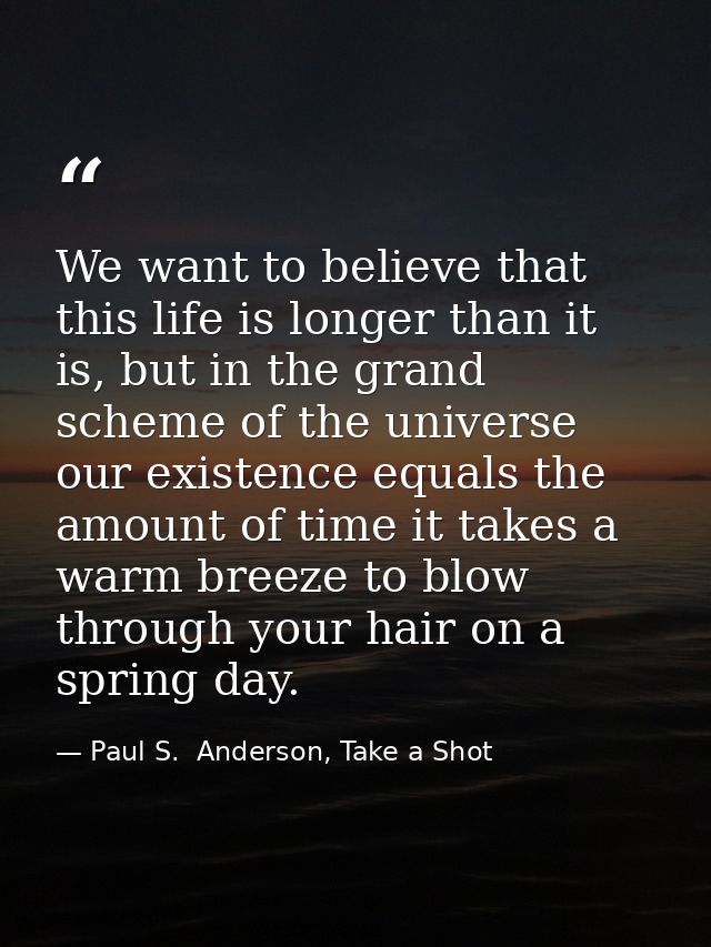 We want to believe that this life is longer than it is, but in the grand scheme of the universe our existence equals the — Paul S.  Anderson, Take a Shot