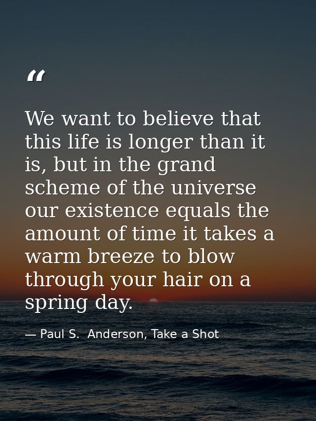 We want to believe that this life is longer than it is, but in the grand scheme of the universe our existence equals the — Paul S.  Anderson, Take a Shot