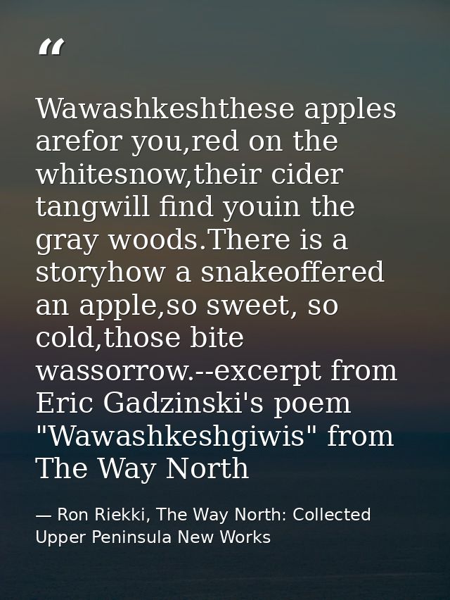 Wawashkeshthese apples arefor you,red on the whitesnow,their cider tangwill find youin the gray woods.There is a storyho — Ron Riekki, The Way North: Collected Upper Peninsula New Works