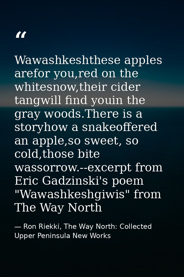 Wawashkeshthese apples arefor you,red on the whitesnow,their cider tangwill find youin the gray woods.There is a storyho — Ron Riekki, The Way North: Collected Upper Peninsula New Works
