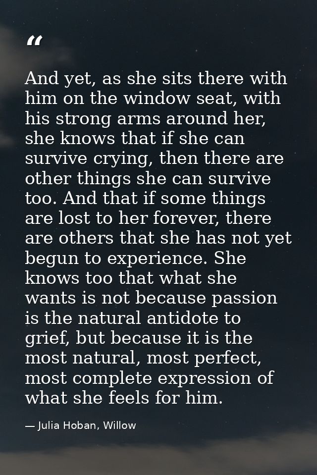 And yet, as she sits there with him on the window seat, with his strong arms around her, she knows that if she can survi — Julia Hoban, Willow