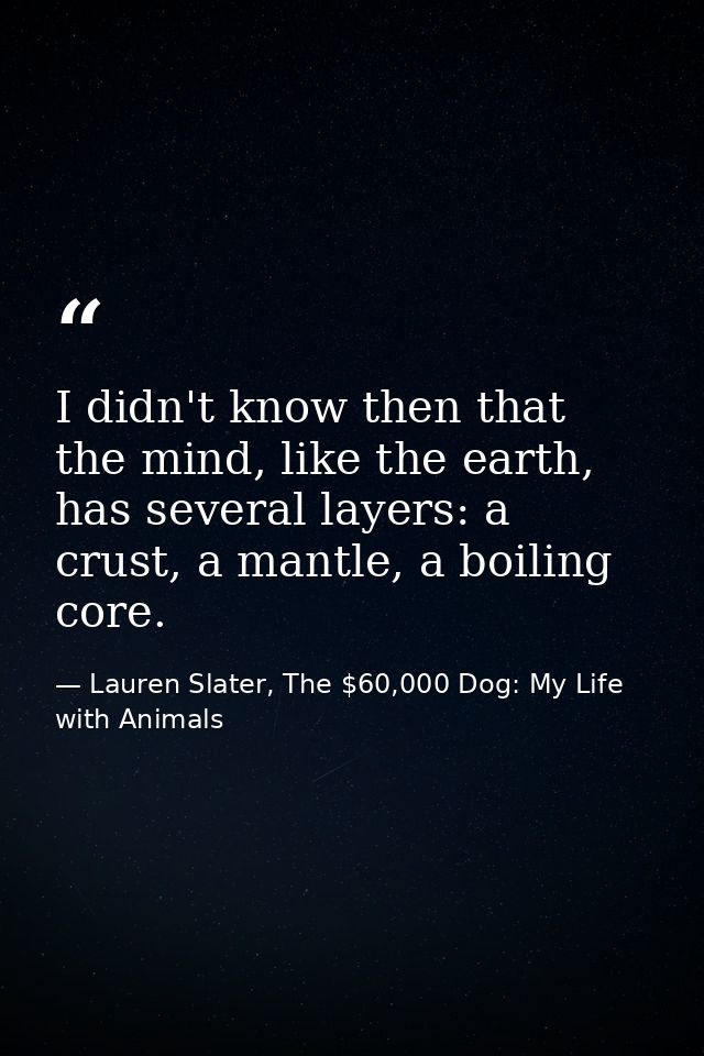 I didn't know then that the mind, like the earth, has several layers: a crust, a mantle, a boiling core. — Lauren Slater, The $60,000 Dog: My Life with Animals
