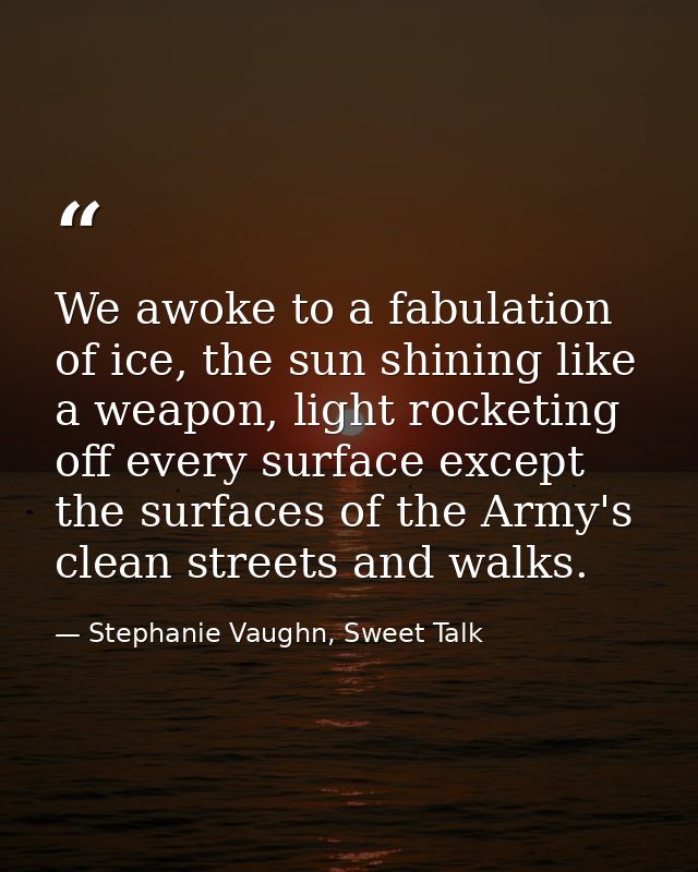 We awoke to a fabulation of ice, the sun shining like a weapon, light rocketing off every surface except the surfaces of — Stephanie Vaughn, Sweet Talk