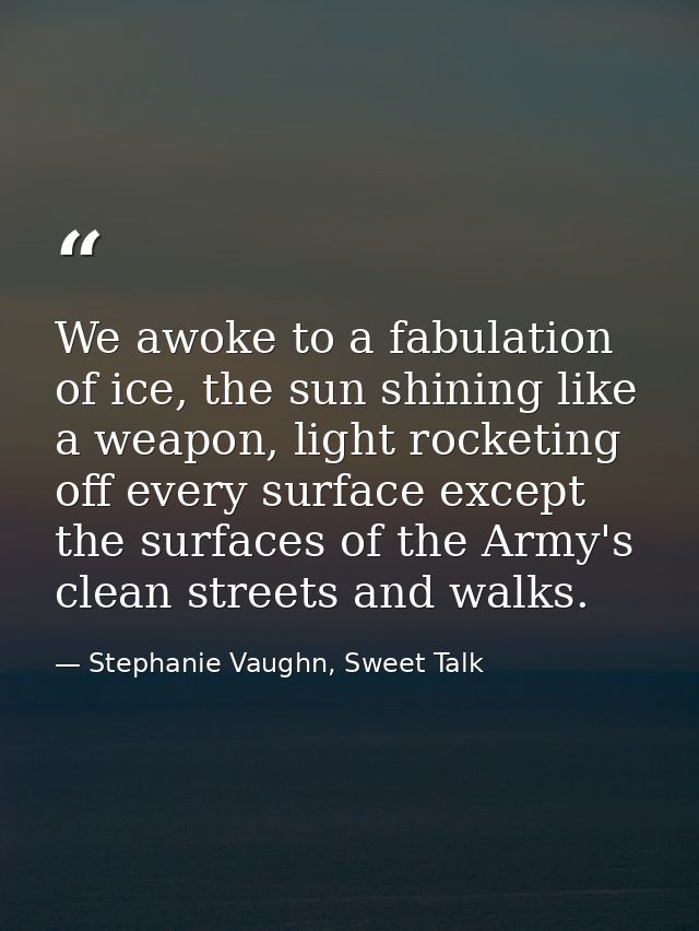 We awoke to a fabulation of ice, the sun shining like a weapon, light rocketing off every surface except the surfaces of — Stephanie Vaughn, Sweet Talk
