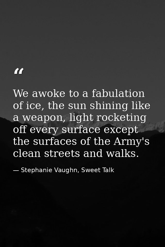 We awoke to a fabulation of ice, the sun shining like a weapon, light rocketing off every surface except the surfaces of — Stephanie Vaughn, Sweet Talk
