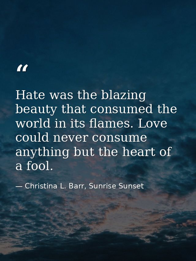 Hate was the blazing beauty that consumed the world in its flames. Love could never consume anything but the heart of a  — Christina L. Barr, Sunrise Sunset