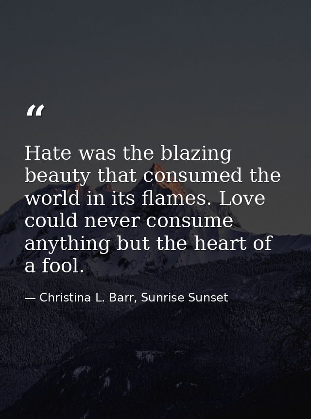 Hate was the blazing beauty that consumed the world in its flames. Love could never consume anything but the heart of a  — Christina L. Barr, Sunrise Sunset