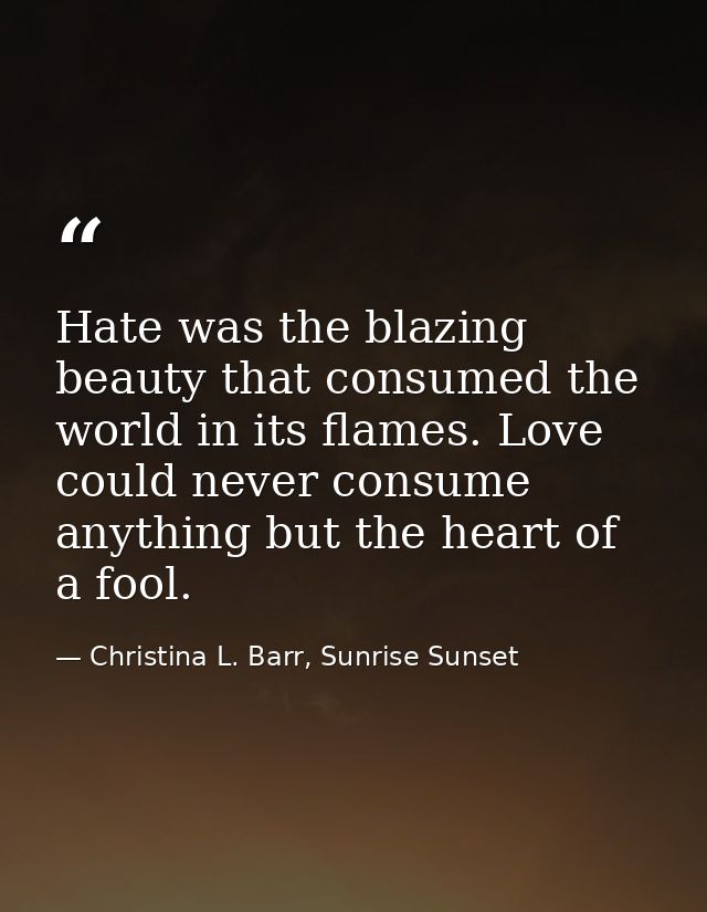 Hate was the blazing beauty that consumed the world in its flames. Love could never consume anything but the heart of a  — Christina L. Barr, Sunrise Sunset