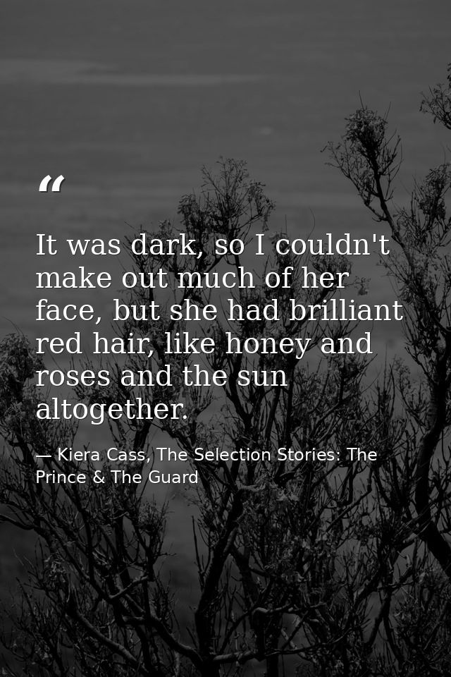 It was dark, so I couldn't make out much of her face, but she had brilliant red hair, like honey and roses and the sun a — Kiera Cass, The Selection Stories: The Prince & The Guard