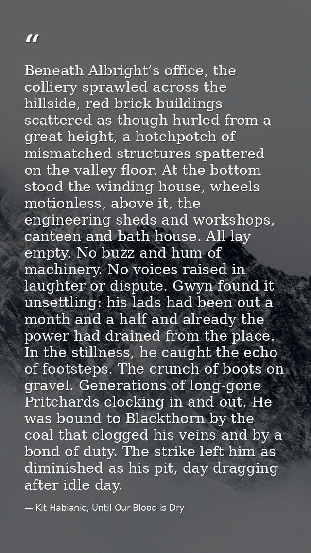 Beneath Albright’s office, the colliery sprawled across the hillside, red brick buildings scattered as though hurled fro — Kit Habianic, Until Our Blood is Dry