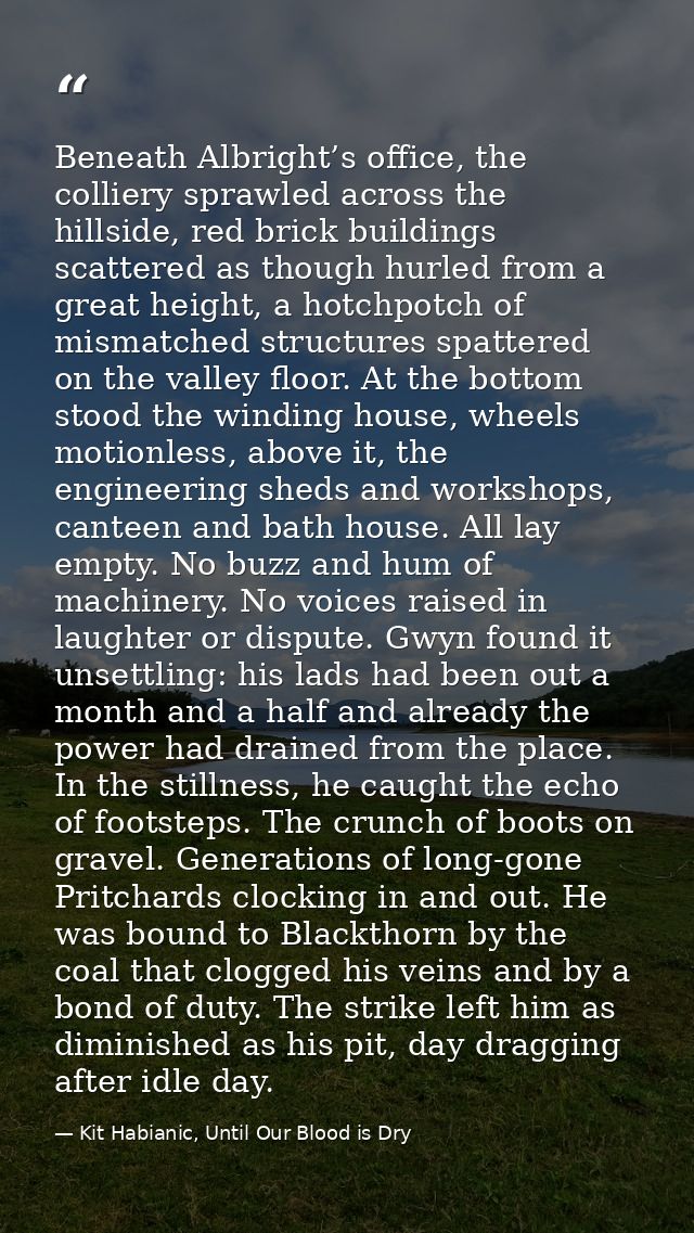 Beneath Albright’s office, the colliery sprawled across the hillside, red brick buildings scattered as though hurled fro — Kit Habianic, Until Our Blood is Dry