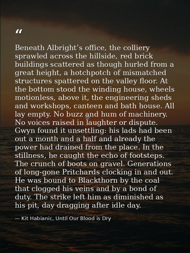 Beneath Albright’s office, the colliery sprawled across the hillside, red brick buildings scattered as though hurled fro — Kit Habianic, Until Our Blood is Dry