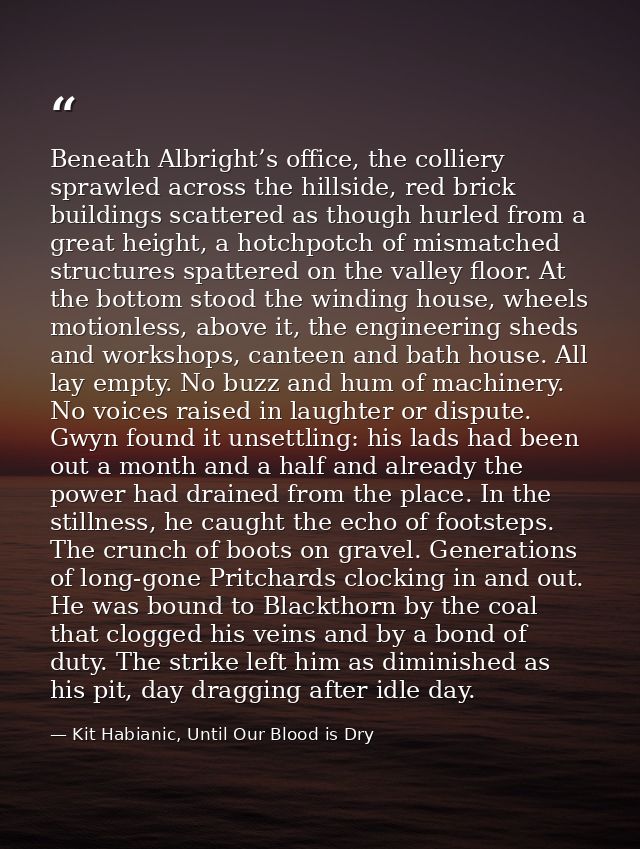 Beneath Albright’s office, the colliery sprawled across the hillside, red brick buildings scattered as though hurled fro — Kit Habianic, Until Our Blood is Dry