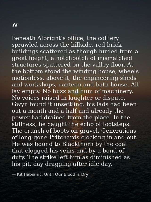Beneath Albright’s office, the colliery sprawled across the hillside, red brick buildings scattered as though hurled fro — Kit Habianic, Until Our Blood is Dry
