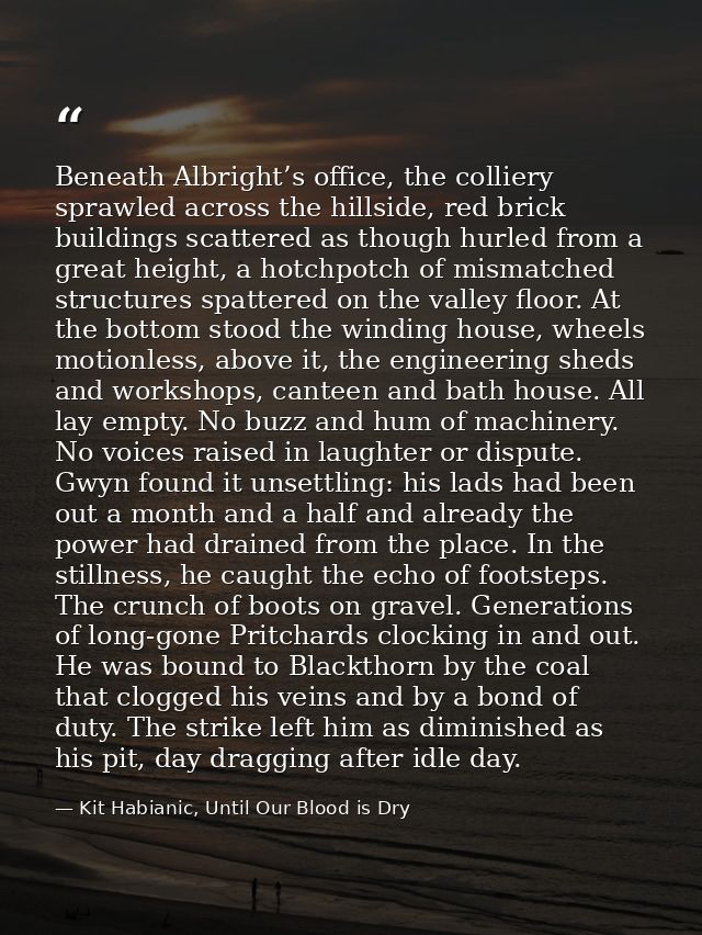 Beneath Albright’s office, the colliery sprawled across the hillside, red brick buildings scattered as though hurled fro — Kit Habianic, Until Our Blood is Dry