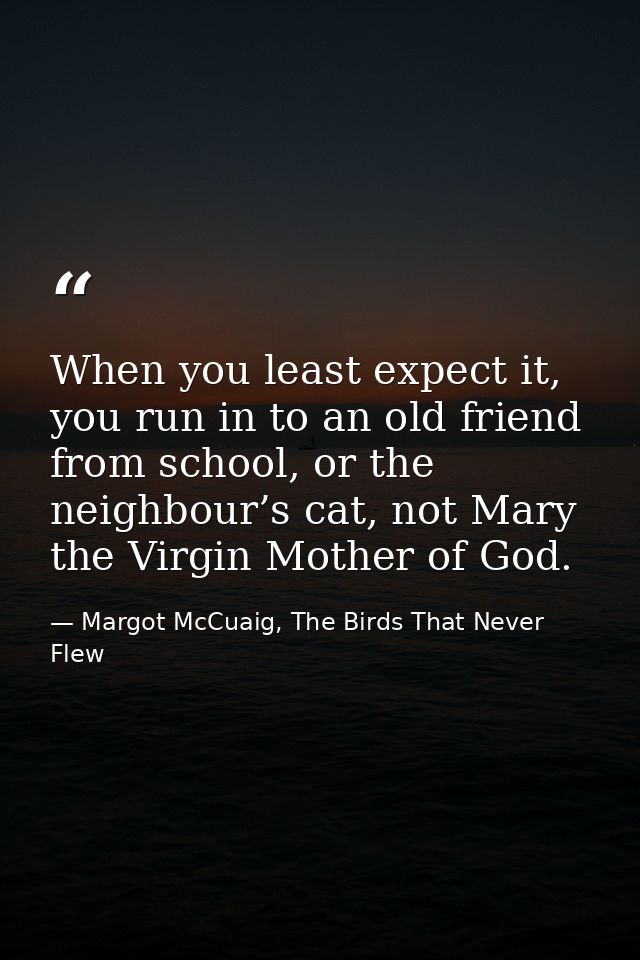 When you least expect it, you run in to an old friend from school, or the neighbour’s cat, not Mary the Virgin Mother of — Margot McCuaig, The Birds That Never Flew