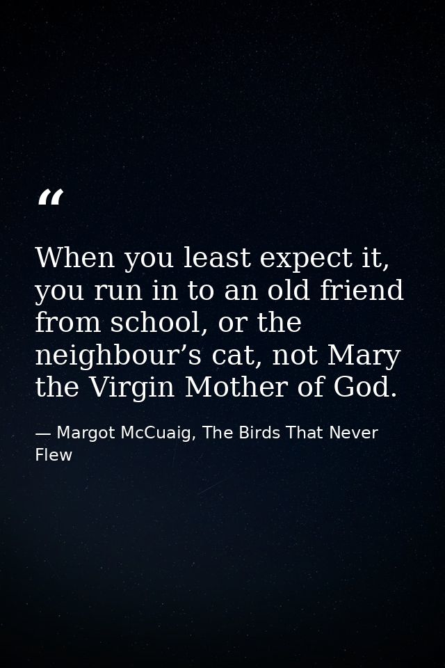 When you least expect it, you run in to an old friend from school, or the neighbour’s cat, not Mary the Virgin Mother of — Margot McCuaig, The Birds That Never Flew