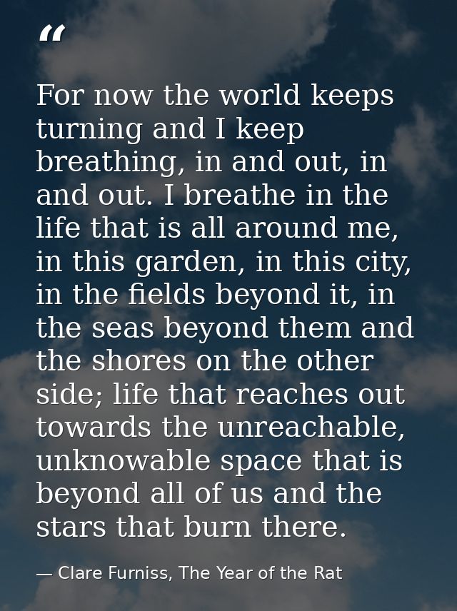 For now the world keeps turning and I keep breathing, in and out, in and out. I breathe in the life that is all around m — Clare Furniss, The Year of the Rat