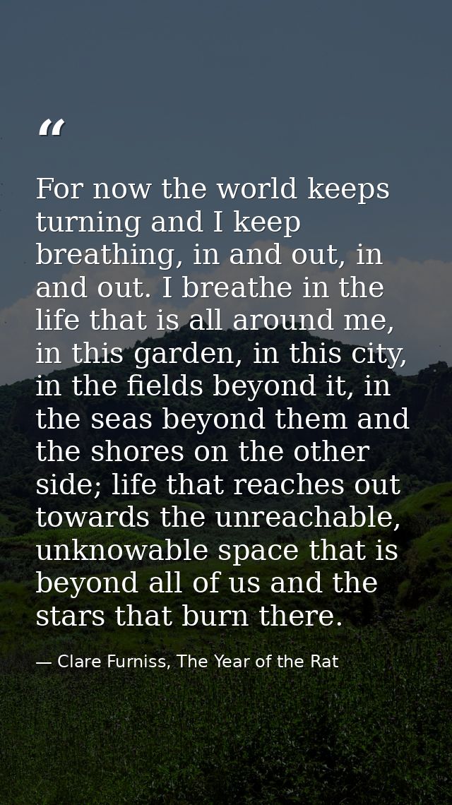 For now the world keeps turning and I keep breathing, in and out, in and out. I breathe in the life that is all around m — Clare Furniss, The Year of the Rat