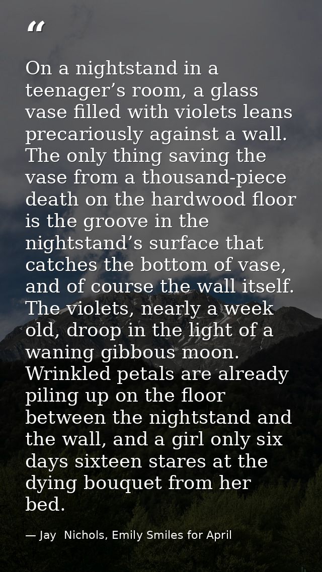 On a nightstand in a teenager’s room, a glass vase filled with violets leans precariously against a wall. The only thing — Jay  Nichols, Emily Smiles for April