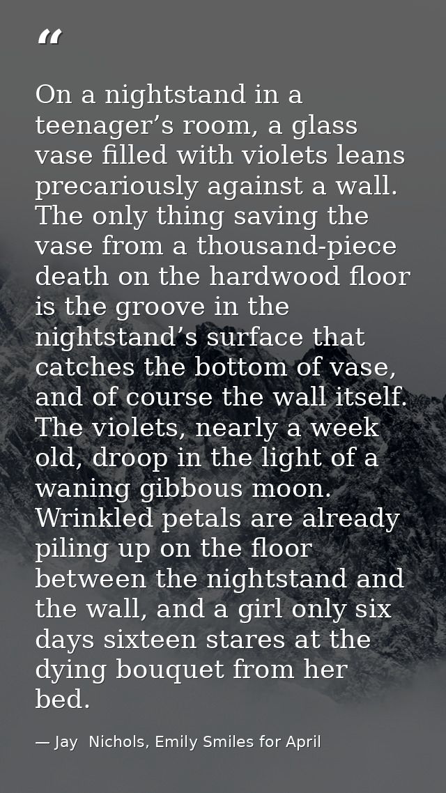 On a nightstand in a teenager’s room, a glass vase filled with violets leans precariously against a wall. The only thing — Jay  Nichols, Emily Smiles for April