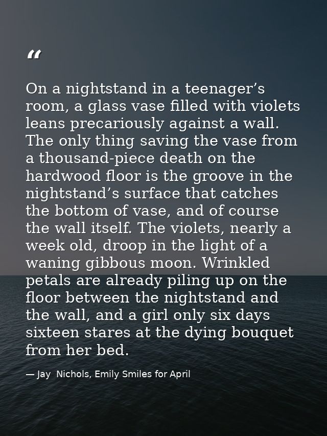 On a nightstand in a teenager’s room, a glass vase filled with violets leans precariously against a wall. The only thing — Jay  Nichols, Emily Smiles for April