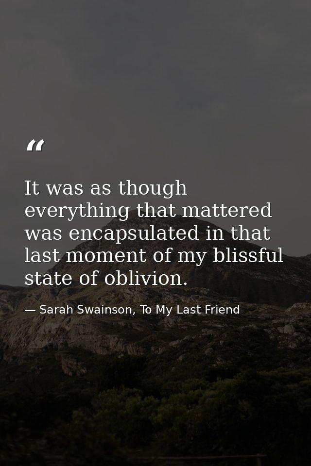 It was as though everything that mattered was encapsulated in that last moment of my blissful state of oblivion. — Sarah Swainson, To My Last Friend