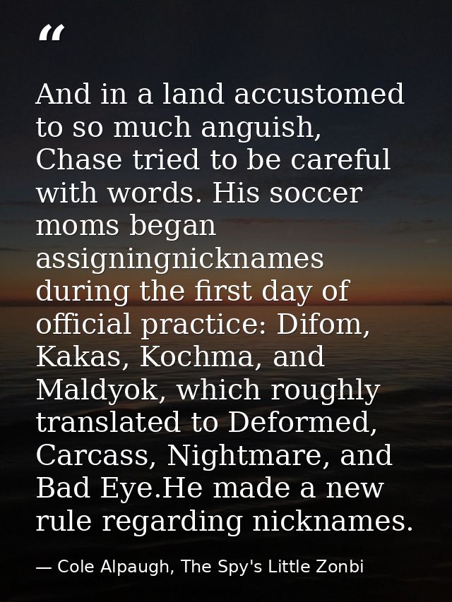 And in a land accustomed to so much anguish, Chase tried to be careful with words. His soccer moms began assigningnickna — Cole Alpaugh, The Spy's Little Zonbi
